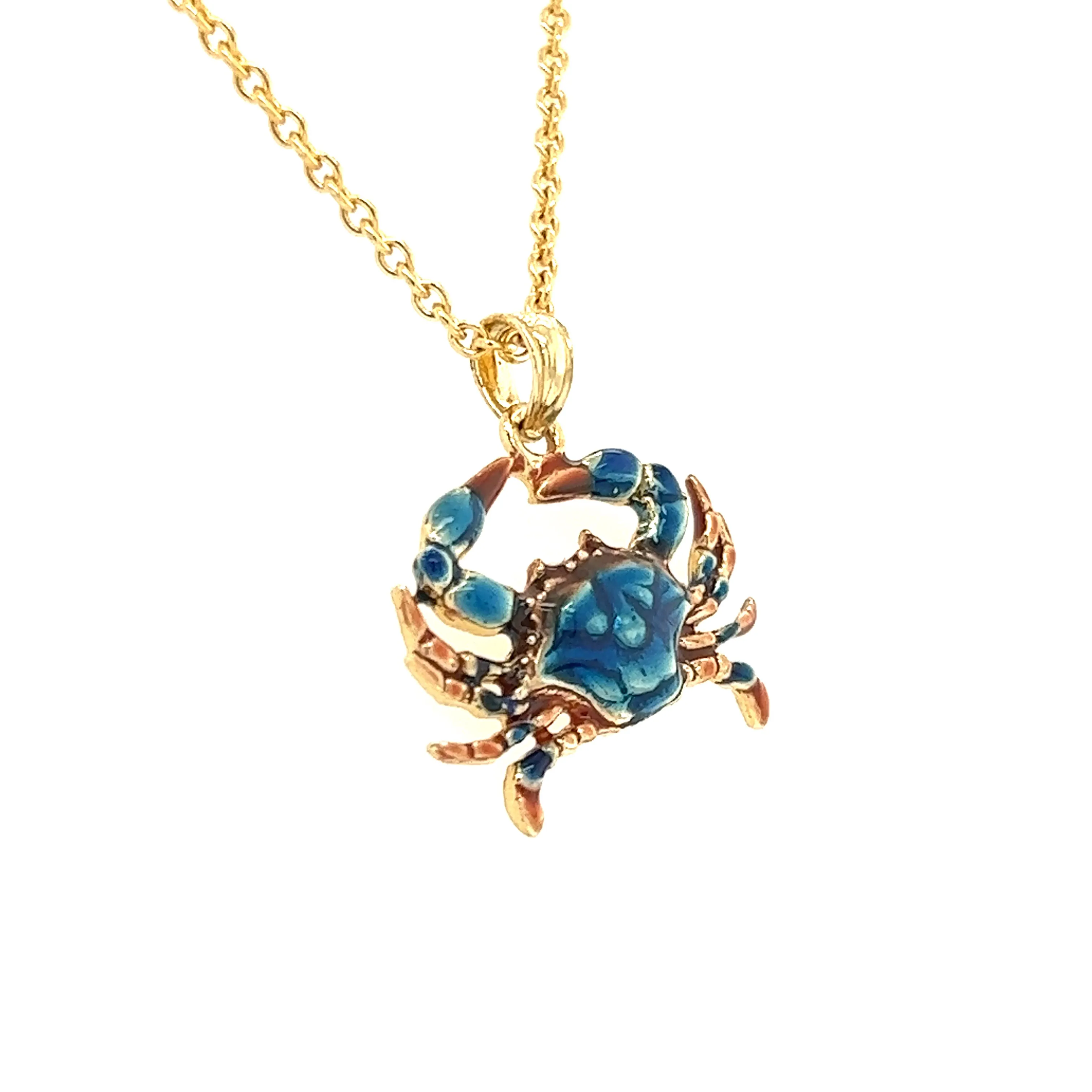 Blue Crab Small Pendant with Enameling in 14K Yellow Gold