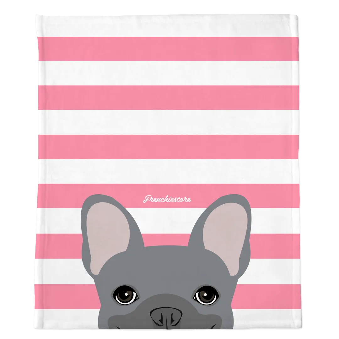 Blue French Bulldog on Pink Stripes | Frenchie Blanket