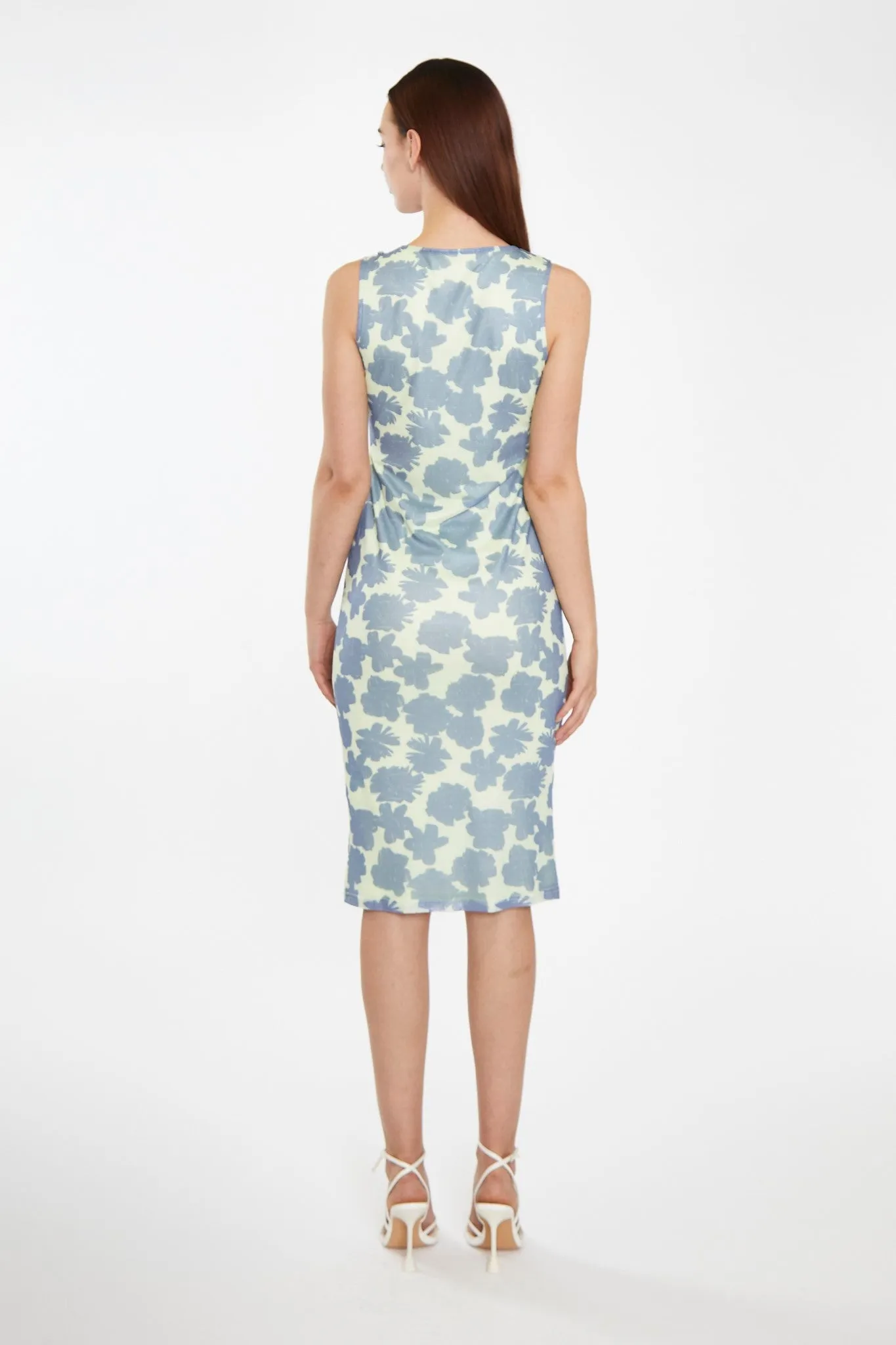 Blue-Green Floral Mesh Bodycon Cut-Out Midi-Dress