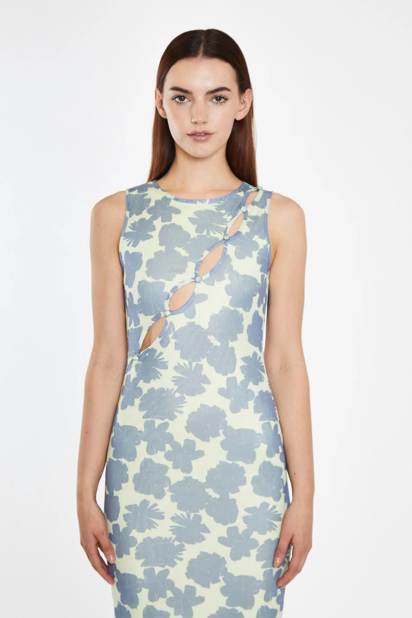 Blue-Green Floral Mesh Bodycon Cut-Out Midi-Dress