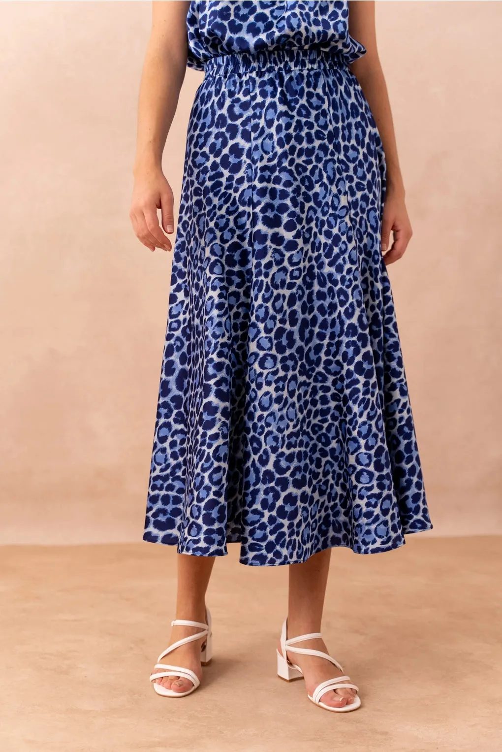 Blue Leopard Print Midi Skirt