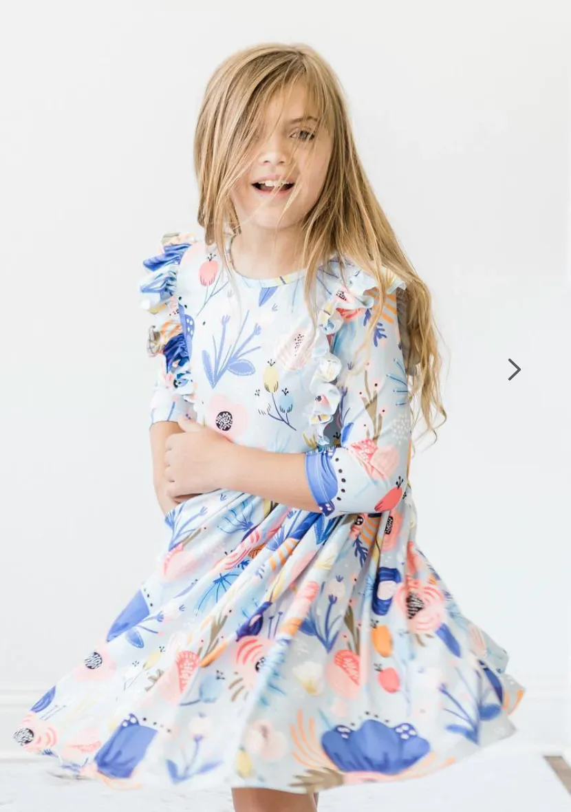 Blue Peony Ruffle Twirl Dress