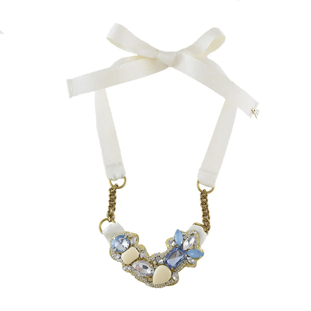 Blue York - Crystal Rhine Stone Embellished Ribbon Necklace