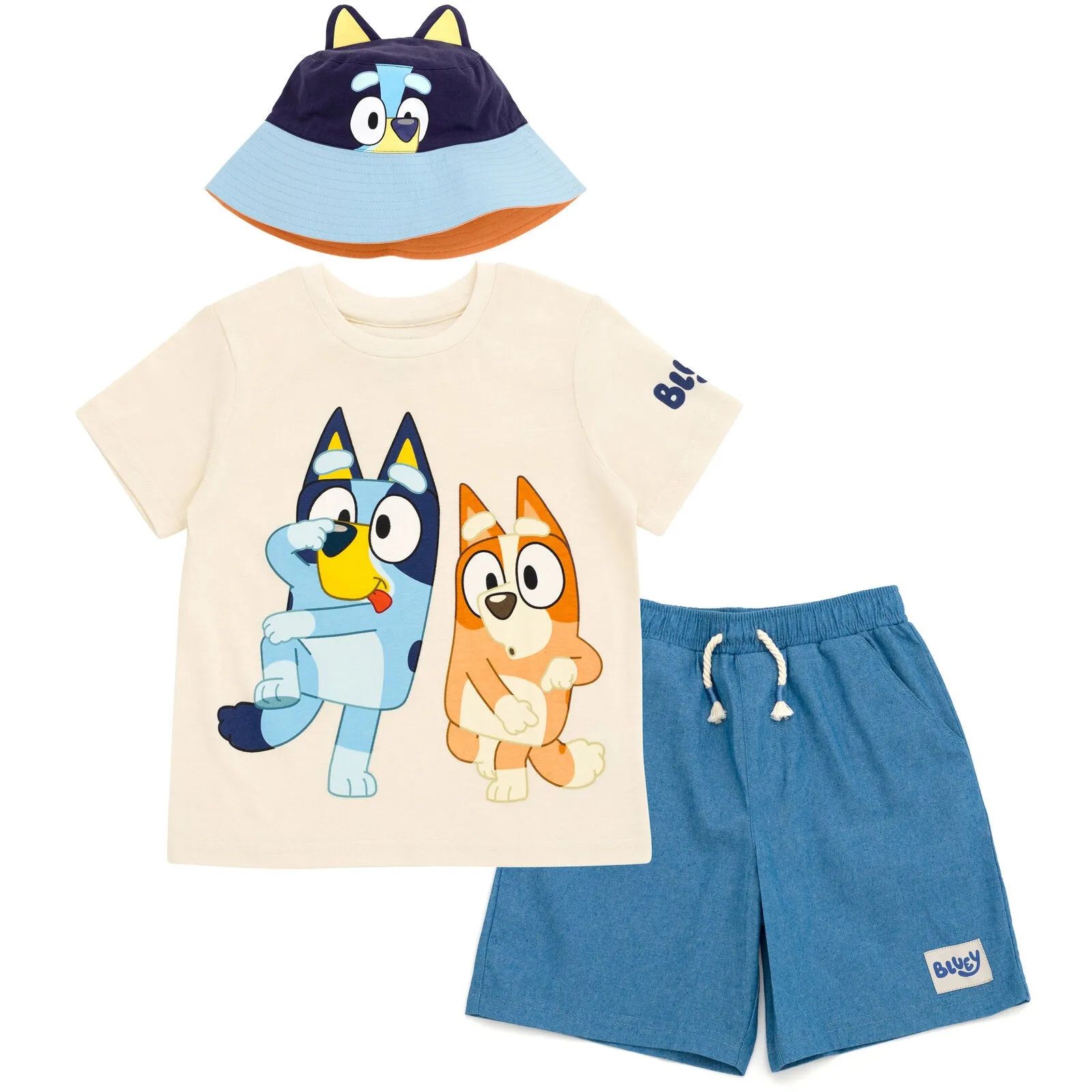 Bluey T-Shirt Chambray Shorts and Twill Bucket Sun Hat 3 Piece Outfit Set