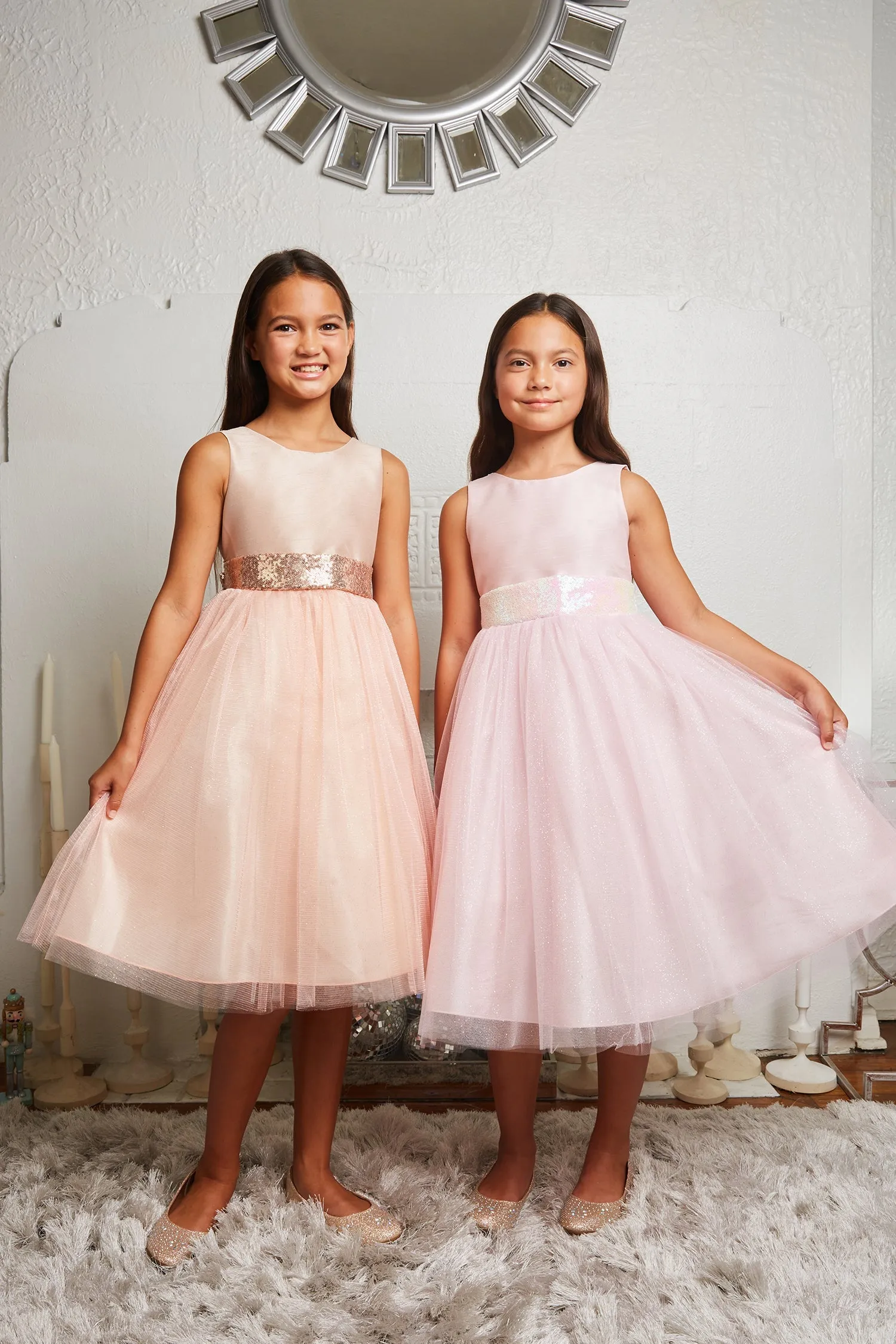 Blush/Rose Gold Sequins V Back & Bow Plus Size Girls Dress