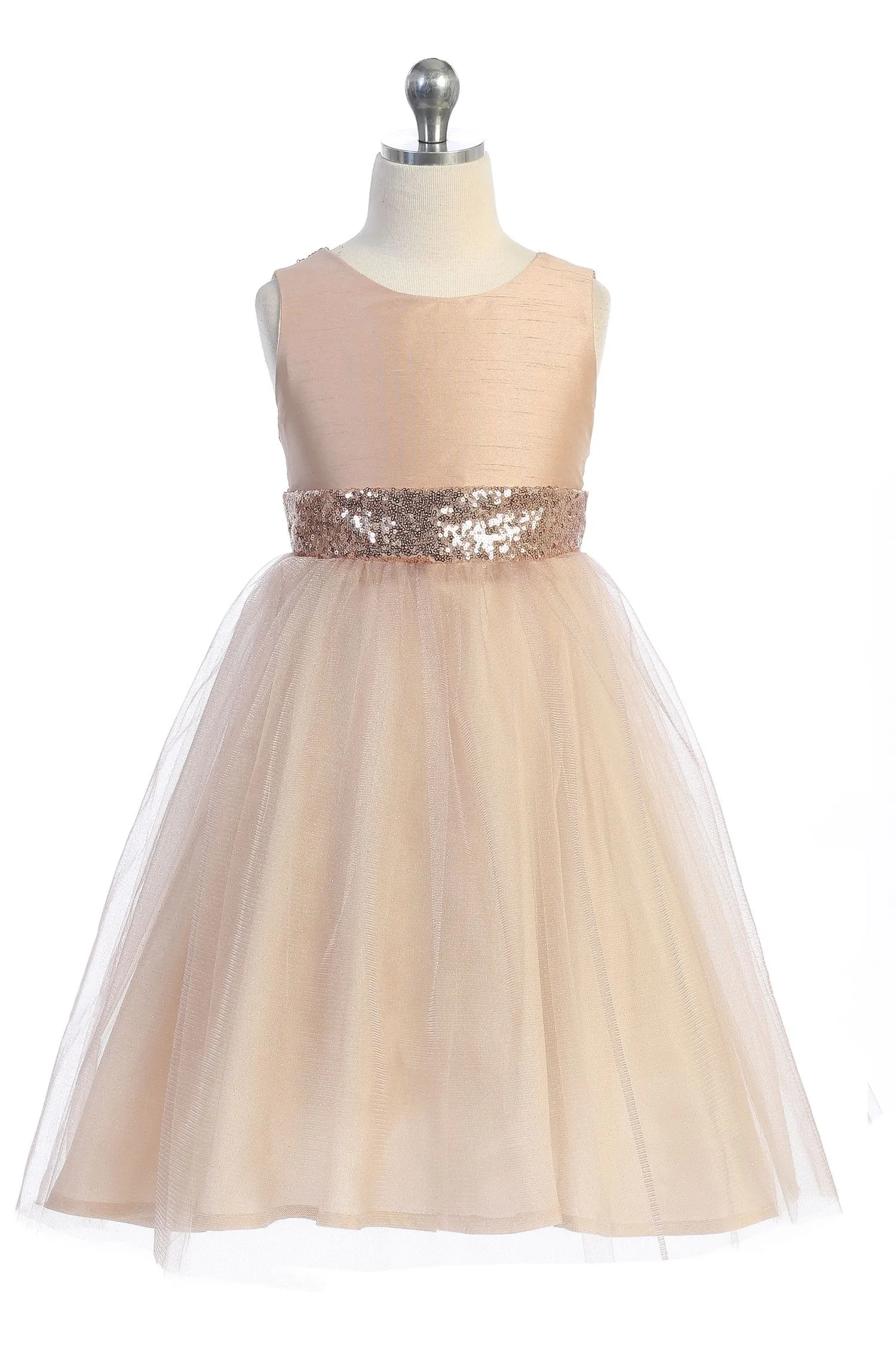 Blush/Rose Gold Sequins V Back & Bow Plus Size Girls Dress