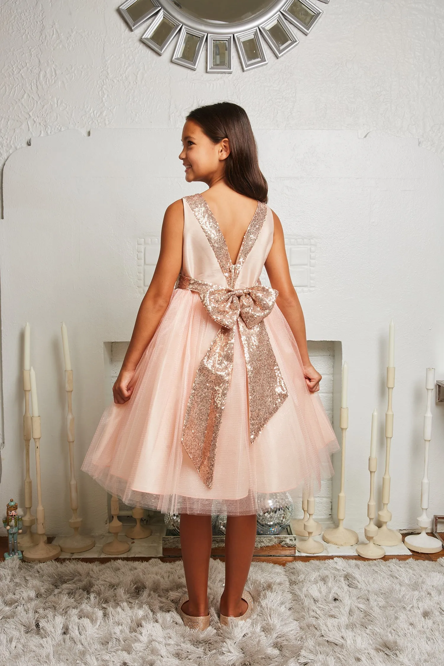 Blush/Rose Gold Sequins V Back & Bow Plus Size Girls Dress