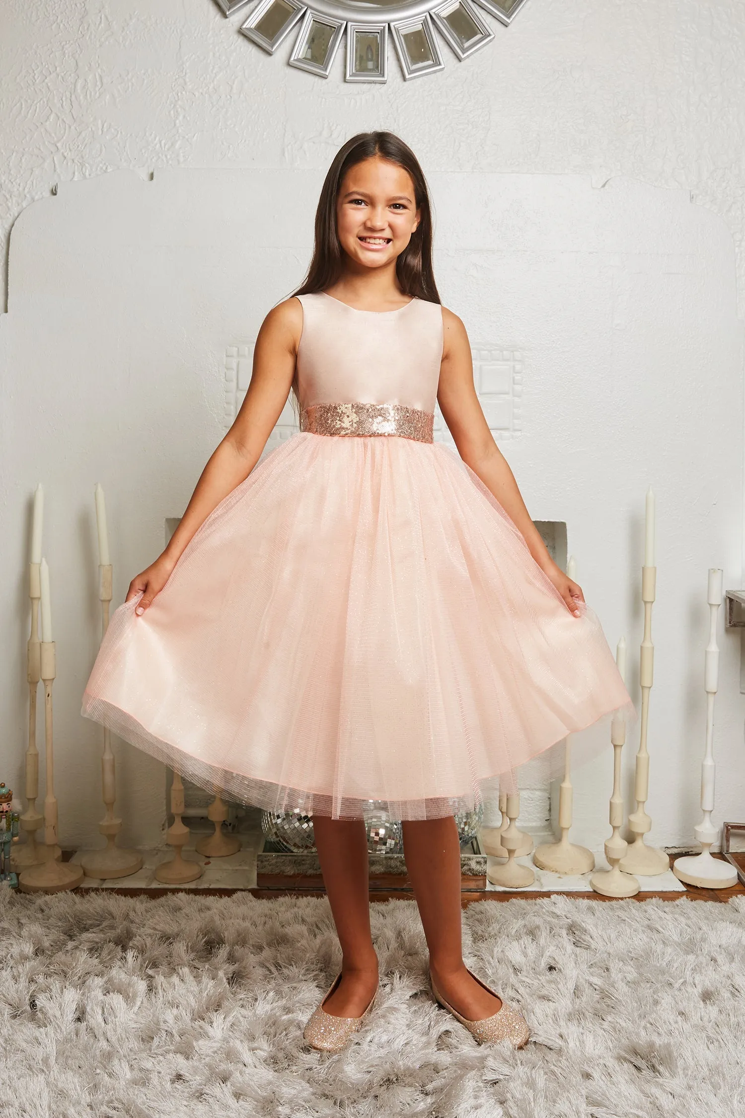 Blush/Rose Gold Sequins V Back & Bow Plus Size Girls Dress