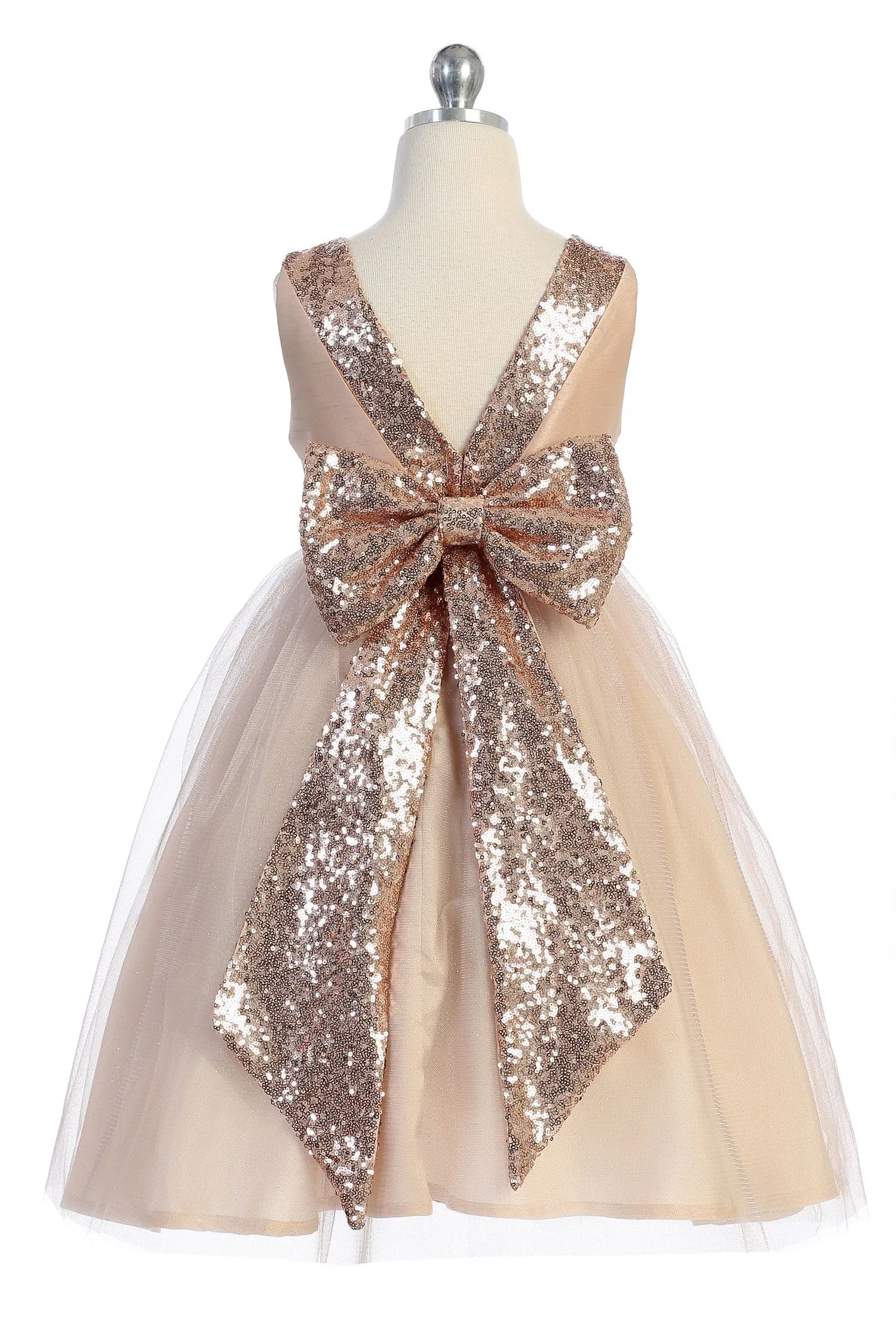 Blush/Rose Gold Sequins V Back & Bow Plus Size Girls Dress