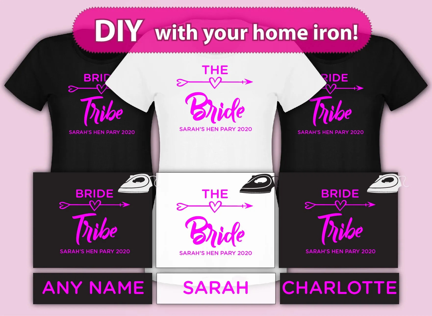 Bride Tribe Iron On T Shirt Transfer  Squad Hen Do Party Vinyl Pink