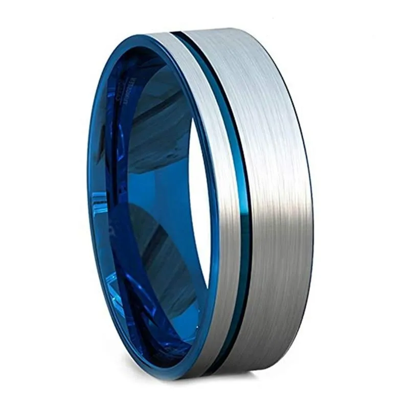 Brushed Silver & Blue Tungsten Ring (8mm)