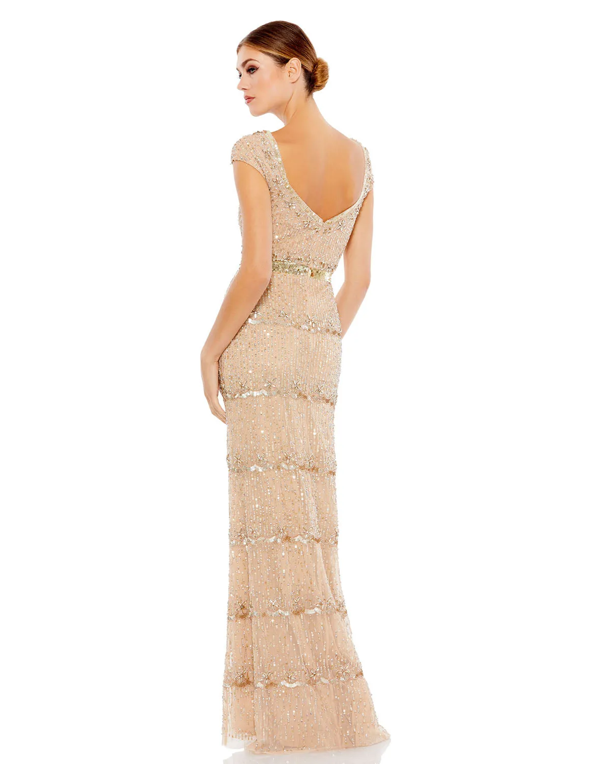 Cap Sleeve Sweetheart Neckline Beaded Sequin Column Gown