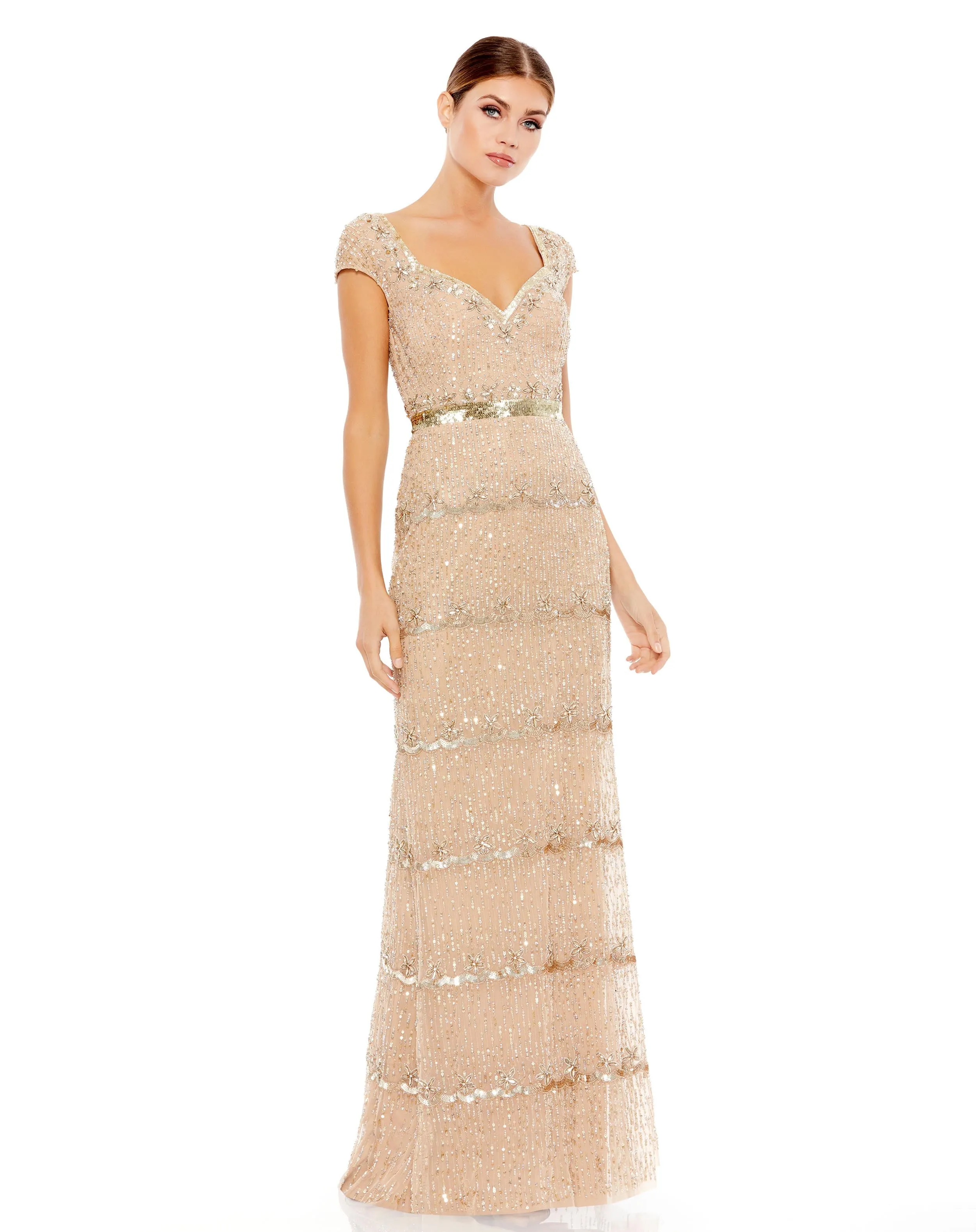 Cap Sleeve Sweetheart Neckline Beaded Sequin Column Gown