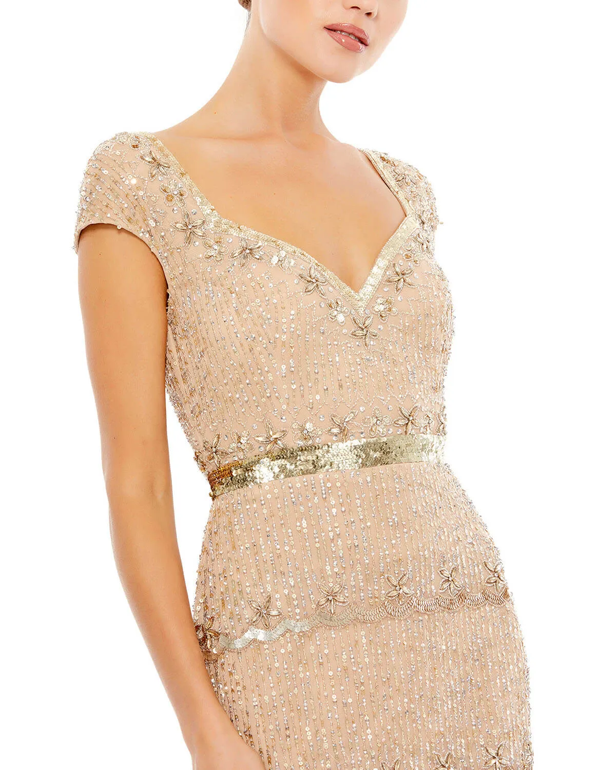 Cap Sleeve Sweetheart Neckline Beaded Sequin Column Gown