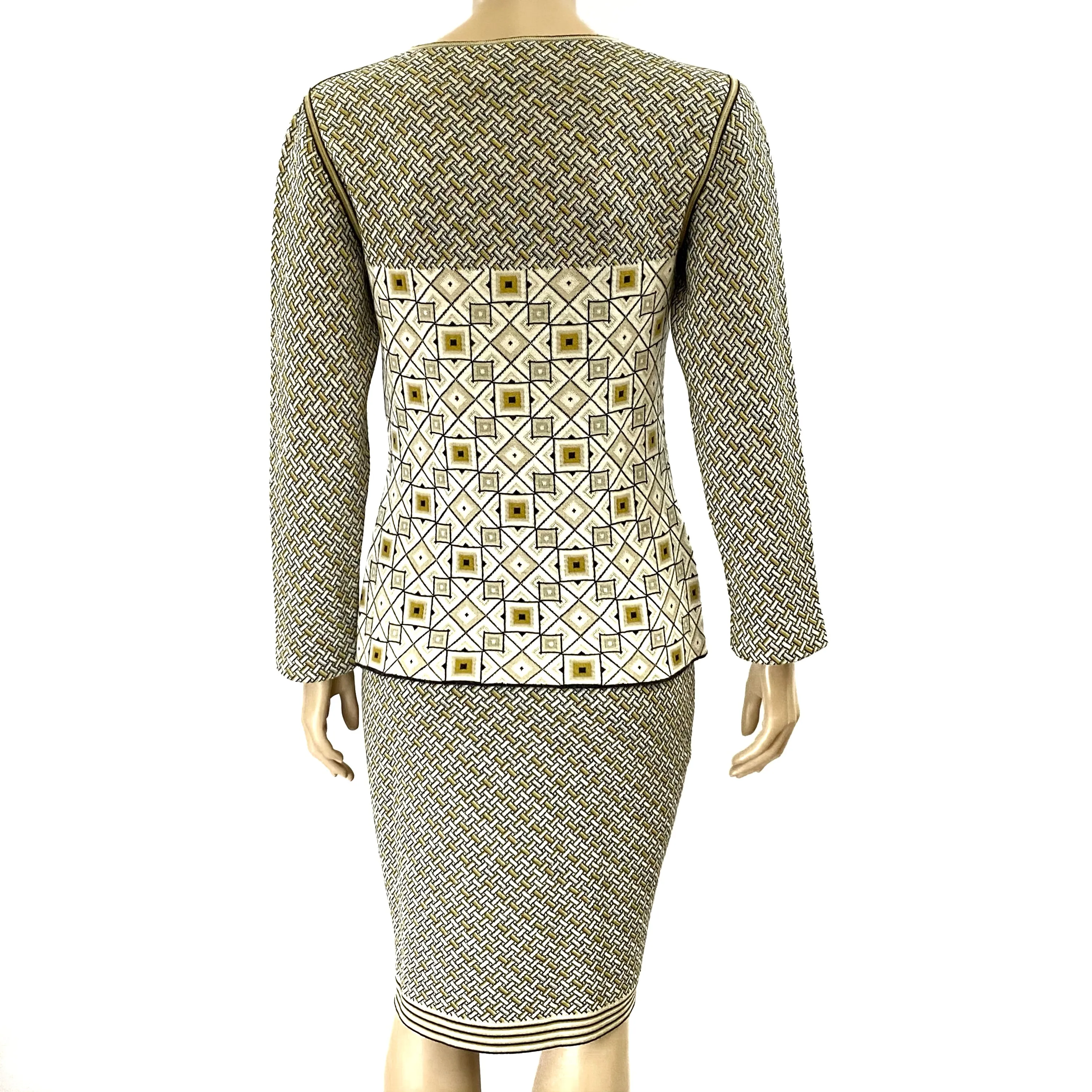 Chanel 04A Fall 2004 Geometric Print Knit 2PC Set Sweater Skirt Size 42 | 10