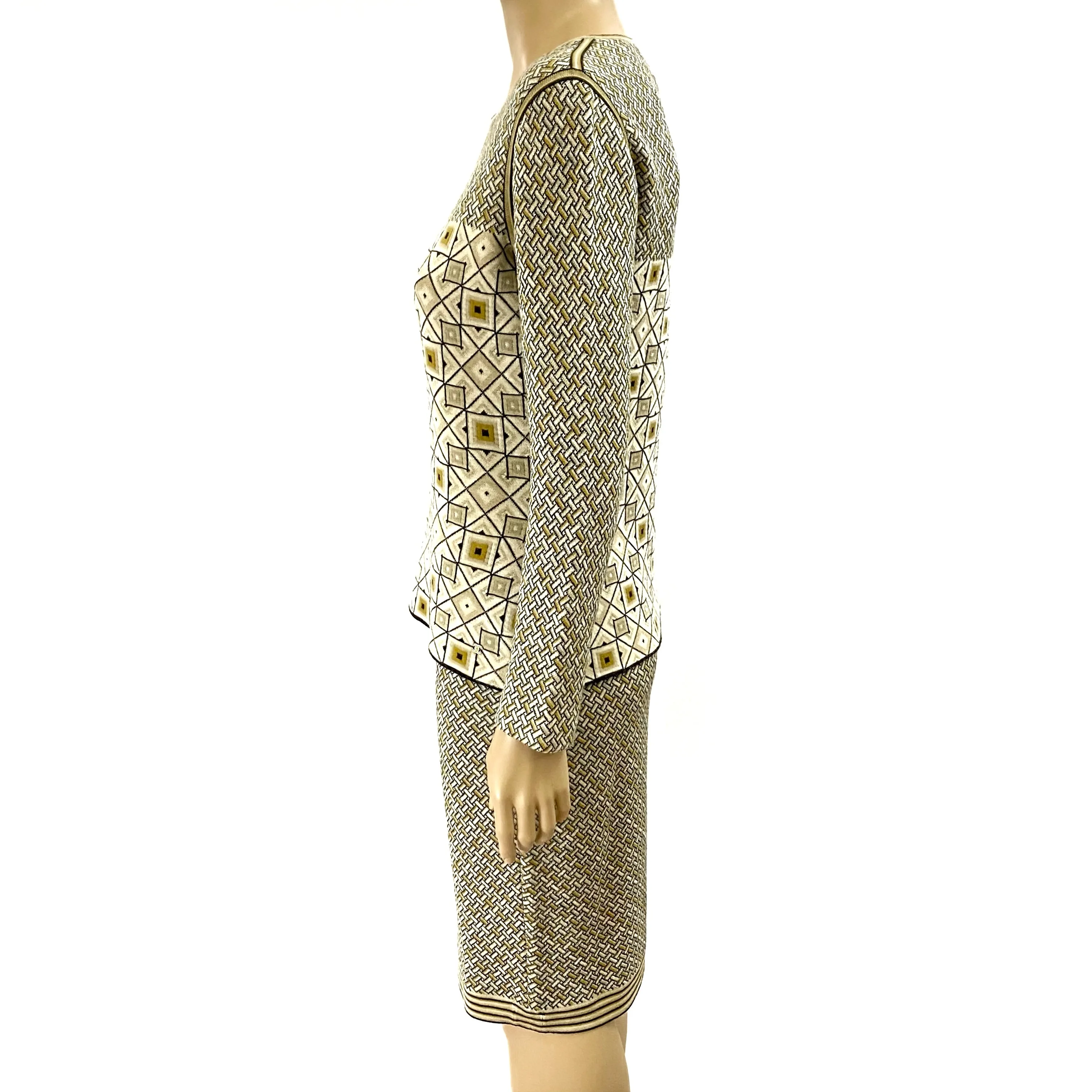 Chanel 04A Fall 2004 Geometric Print Knit 2PC Set Sweater Skirt Size 42 | 10