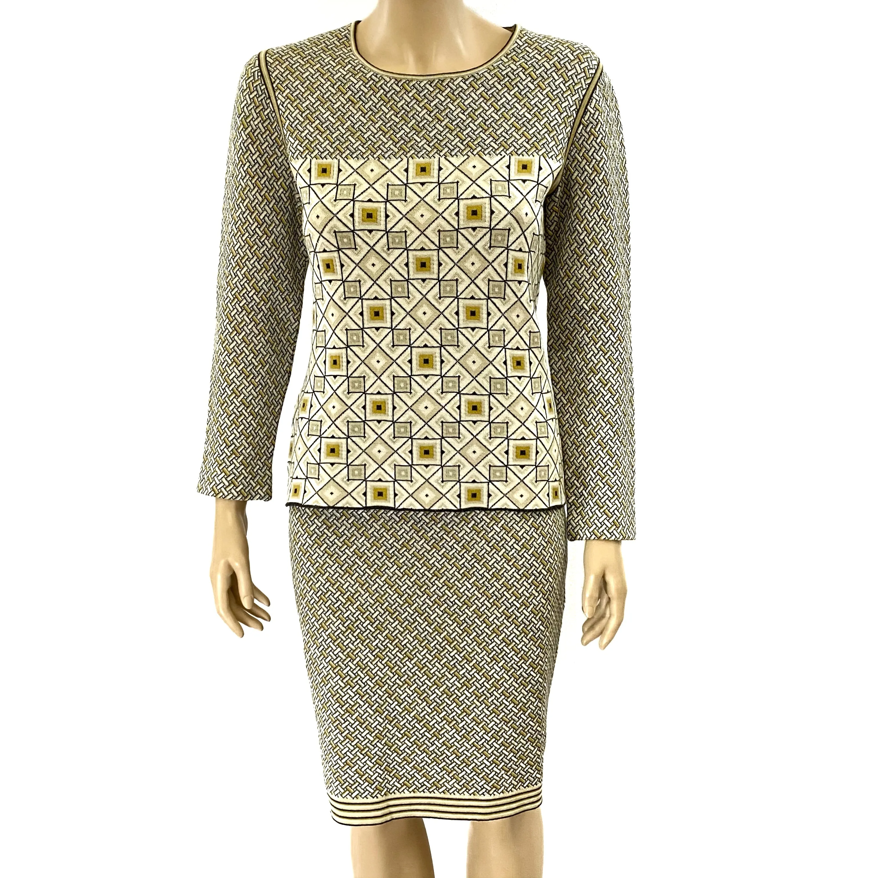 Chanel 04A Fall 2004 Geometric Print Knit 2PC Set Sweater Skirt Size 42 | 10