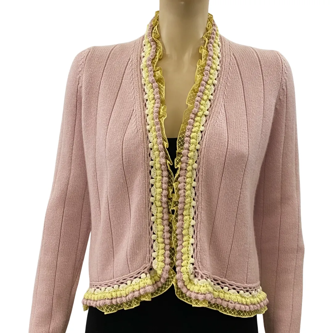 CHANEL 04C Pink Cashmere Cable Knit Crochet Jacket Size 42 | 8