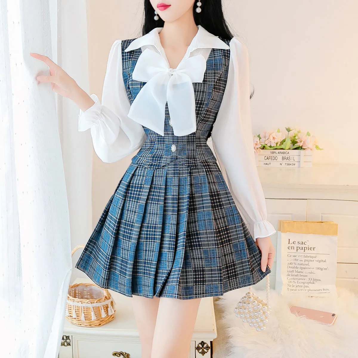 Chic Check Pleated Skirt Two Piece  KF81120