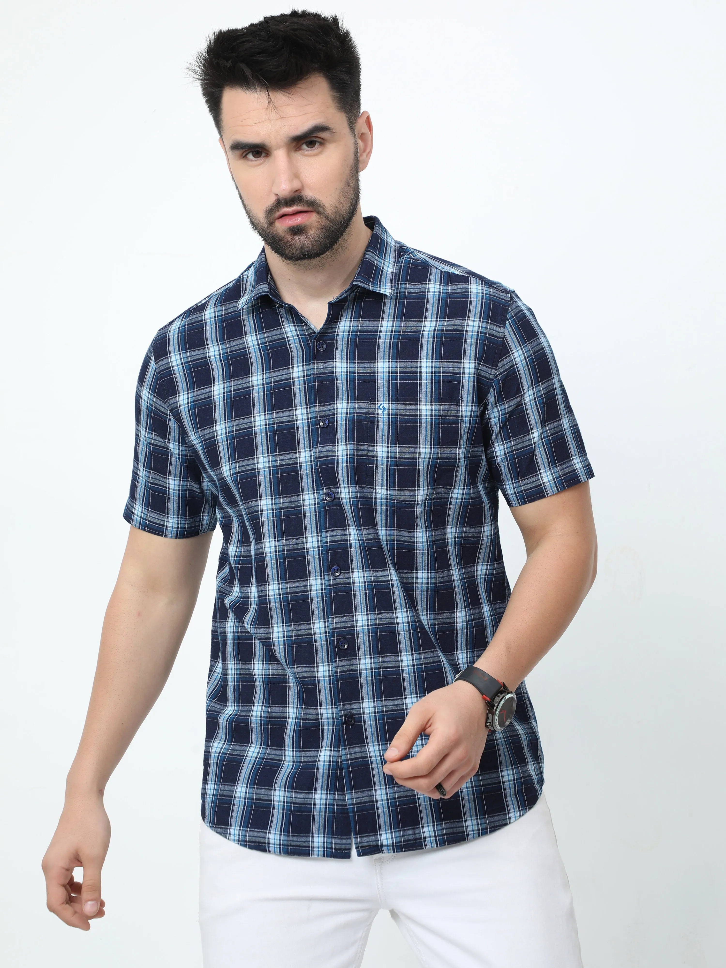 Classic Polo Mens Pure Cotton Half Sleeves Checked Slim Fit Polo Neck Navy Color Woven Shirt | So2-175 A-Hs-Chk-Sf