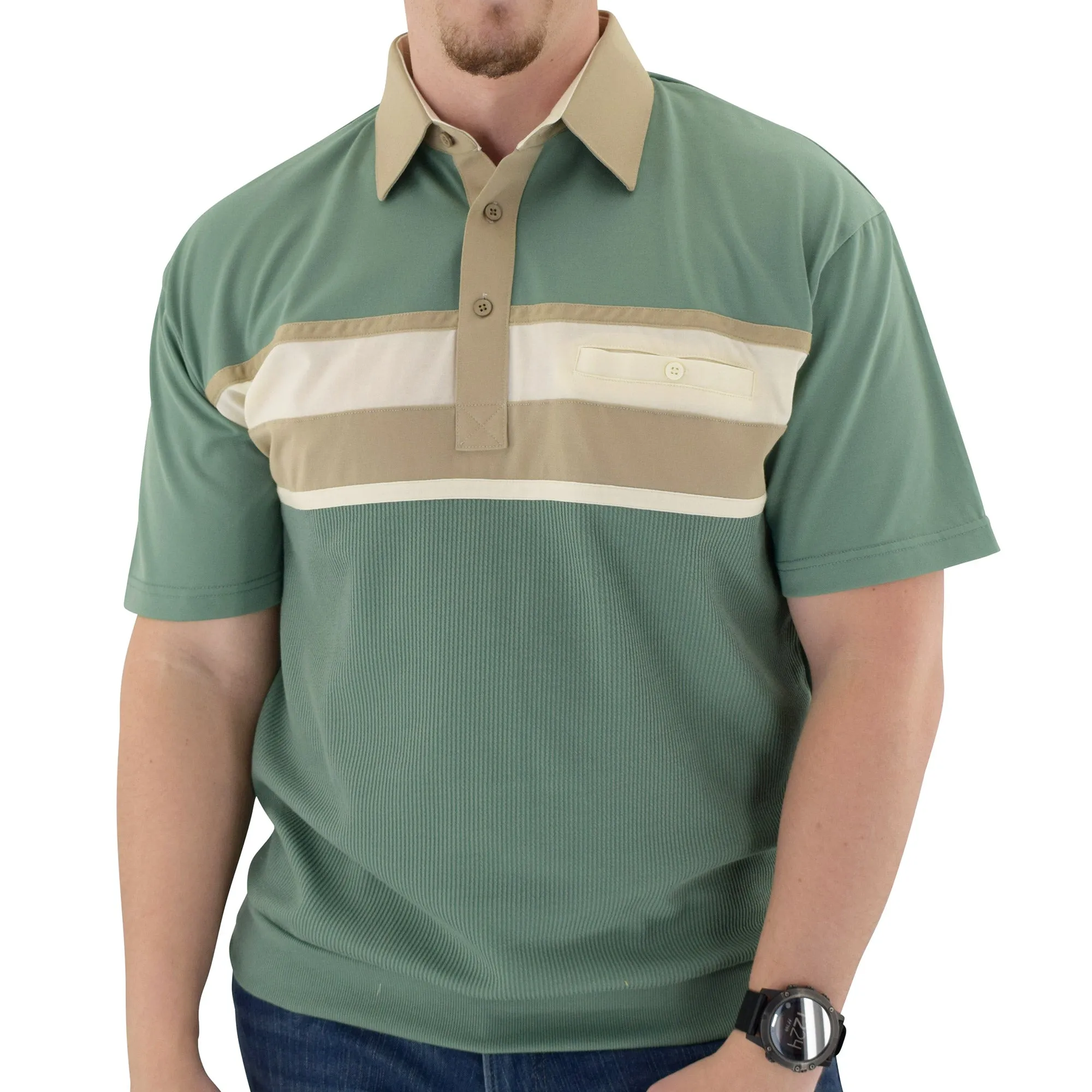 Classics by Palmland Horizontal Short Sleeve Banded Bottom Shirt Sage - 6010-BL12