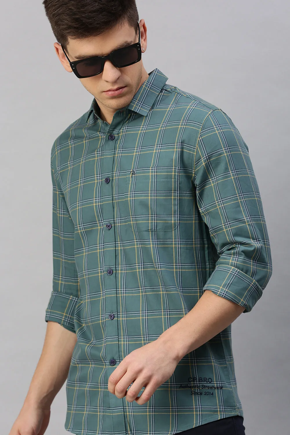 CP BRO Men's Cotton Full Sleeve Checked Slim Fit Polo Neck Green Color Woven Shirt | Sbo1-27 A