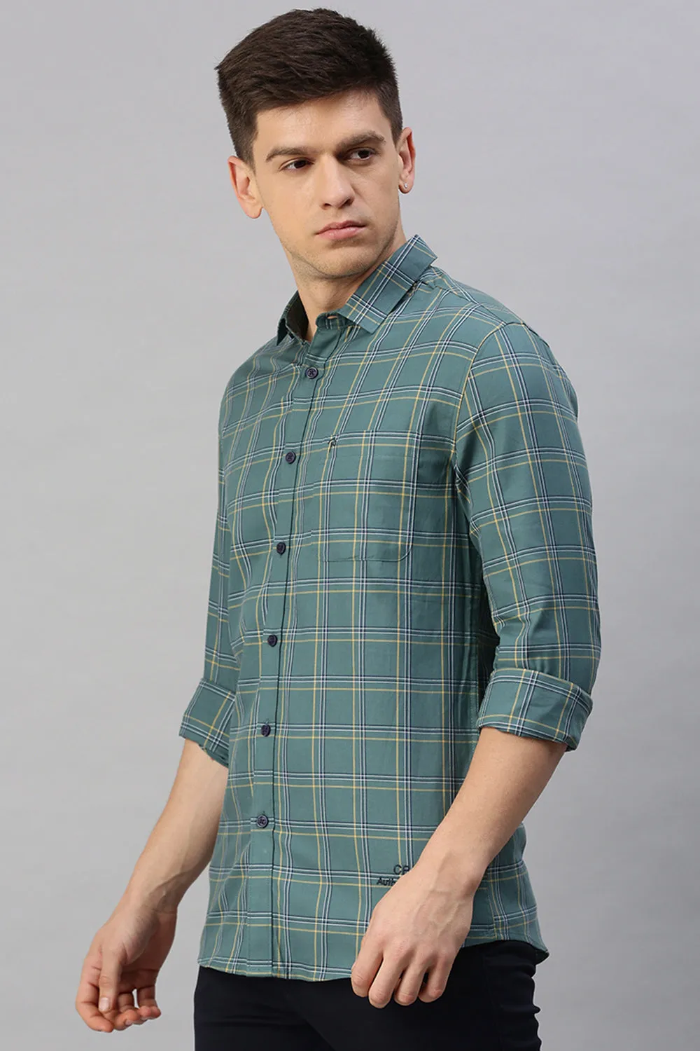 CP BRO Men's Cotton Full Sleeve Checked Slim Fit Polo Neck Green Color Woven Shirt | Sbo1-27 A