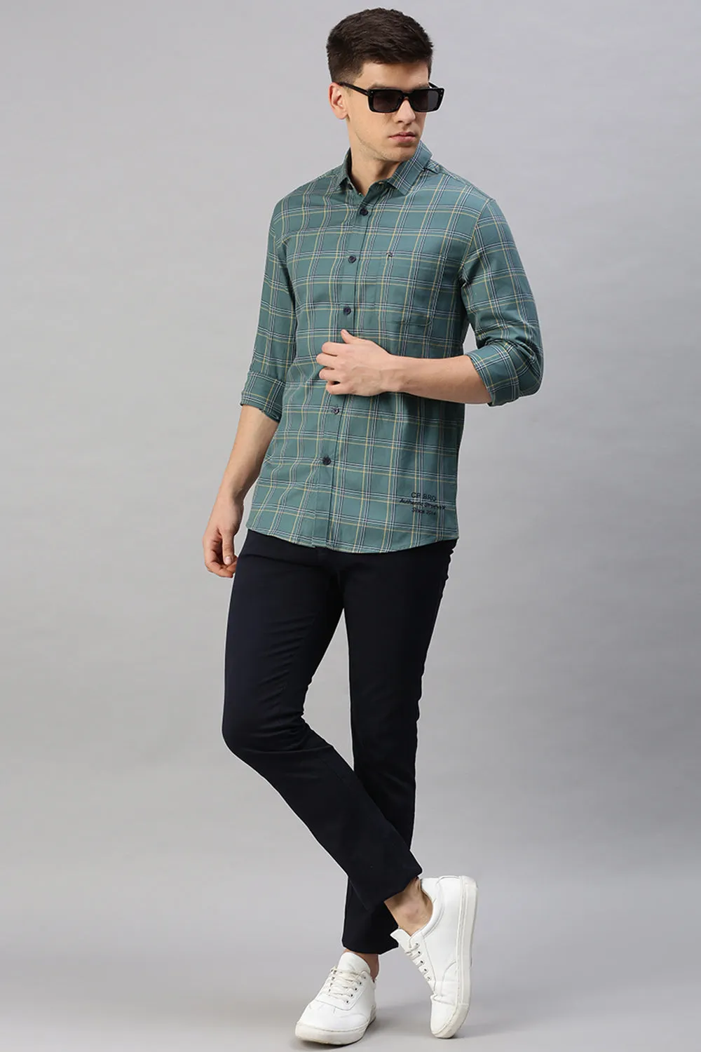 CP BRO Men's Cotton Full Sleeve Checked Slim Fit Polo Neck Green Color Woven Shirt | Sbo1-27 A