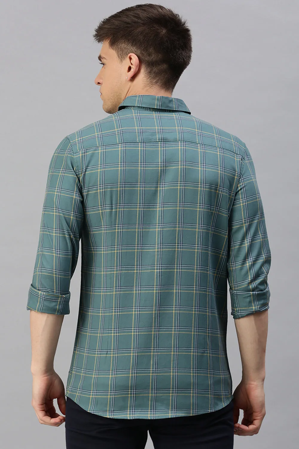 CP BRO Men's Cotton Full Sleeve Checked Slim Fit Polo Neck Green Color Woven Shirt | Sbo1-27 A