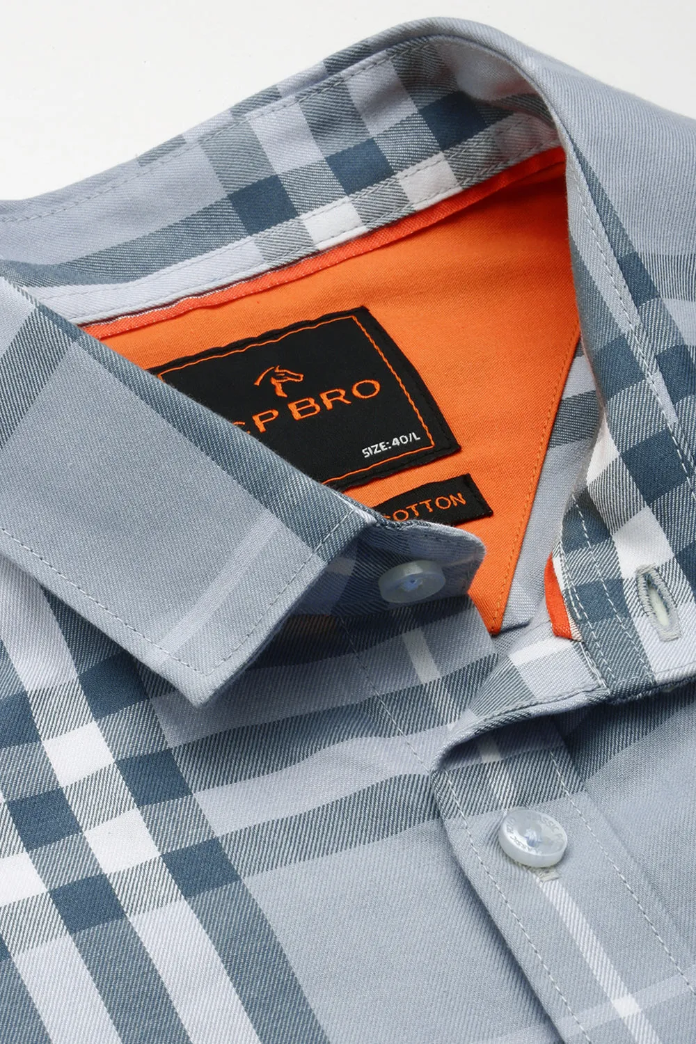 CP BRO Men's Cotton Full Sleeve Checked Slim Fit Polo Neck Grey Color Woven Shirt | Sbo1-28 A