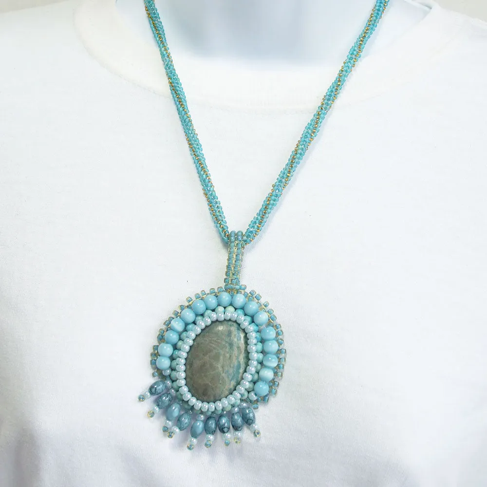 Dacey, Beaded Bezel Chrysocolla Cabochon, Pendant, Necklace