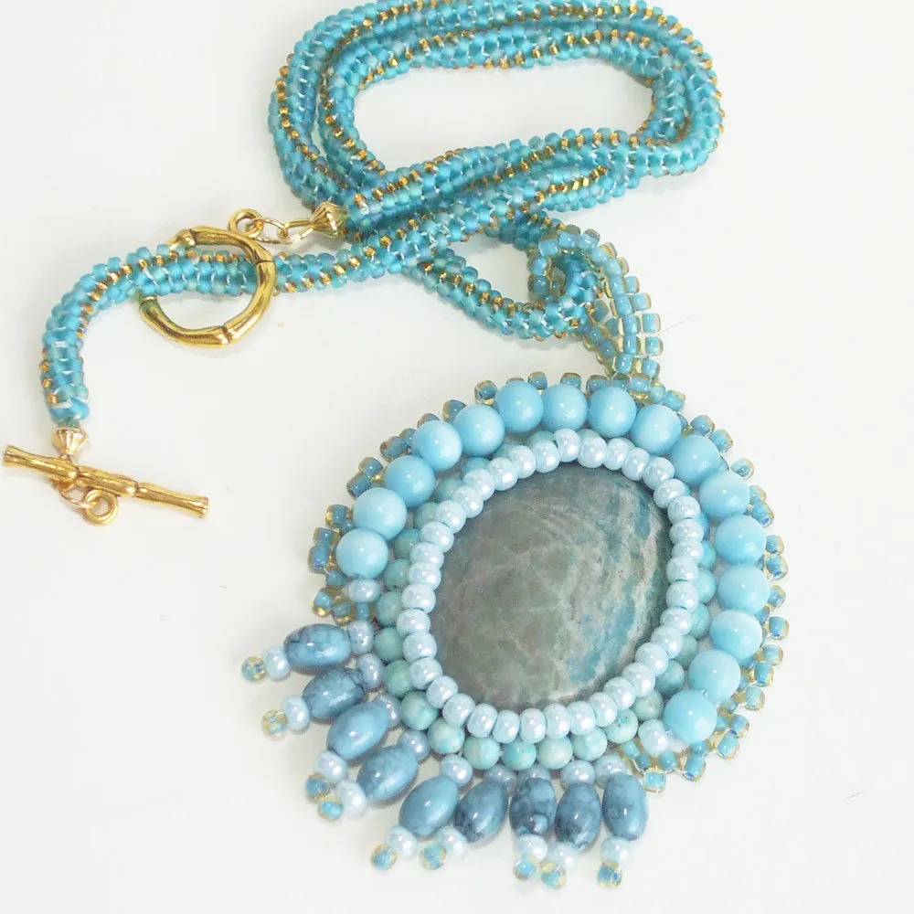 Dacey, Beaded Bezel Chrysocolla Cabochon, Pendant, Necklace