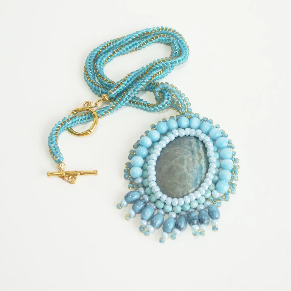 Dacey, Beaded Bezel Chrysocolla Cabochon, Pendant, Necklace