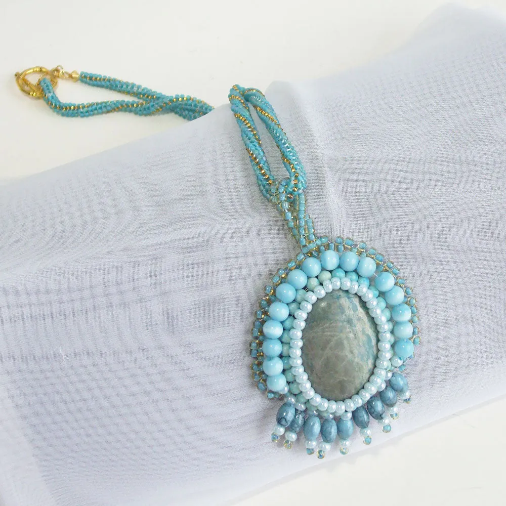 Dacey, Beaded Bezel Chrysocolla Cabochon, Pendant, Necklace