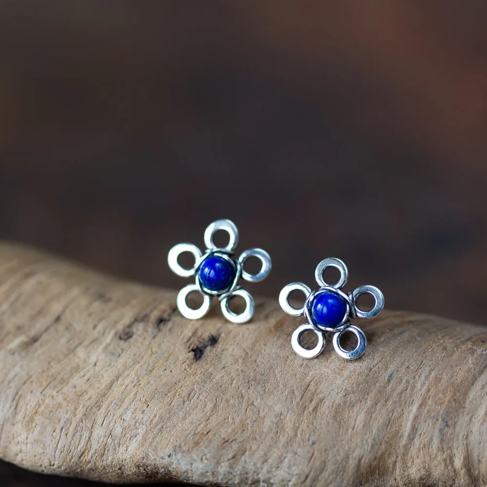 Dainty Lapis Lazuli Stud Earrings, Blue Flower