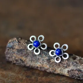 Dainty Lapis Lazuli Stud Earrings, Blue Flower