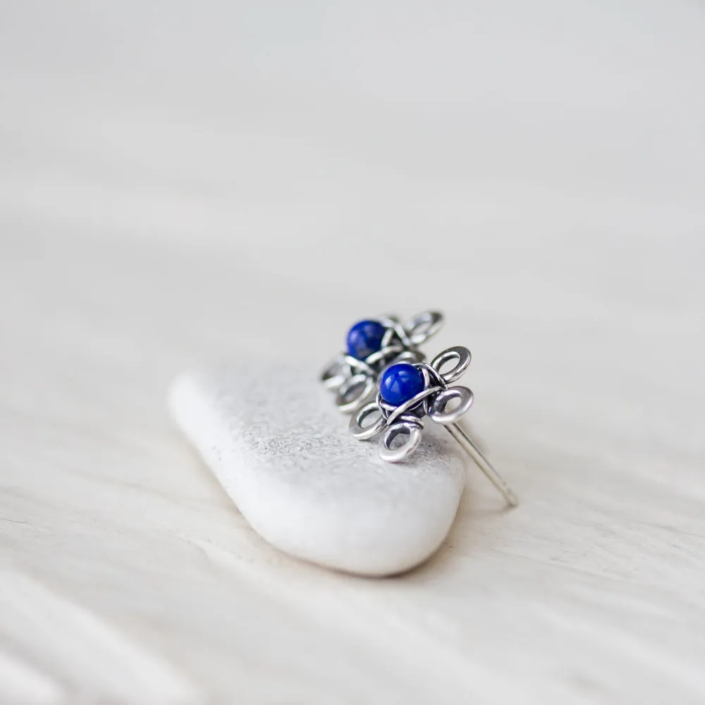 Dainty Lapis Lazuli Stud Earrings, Blue Flower