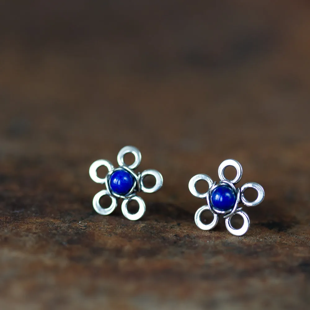 Dainty Lapis Lazuli Stud Earrings, Blue Flower