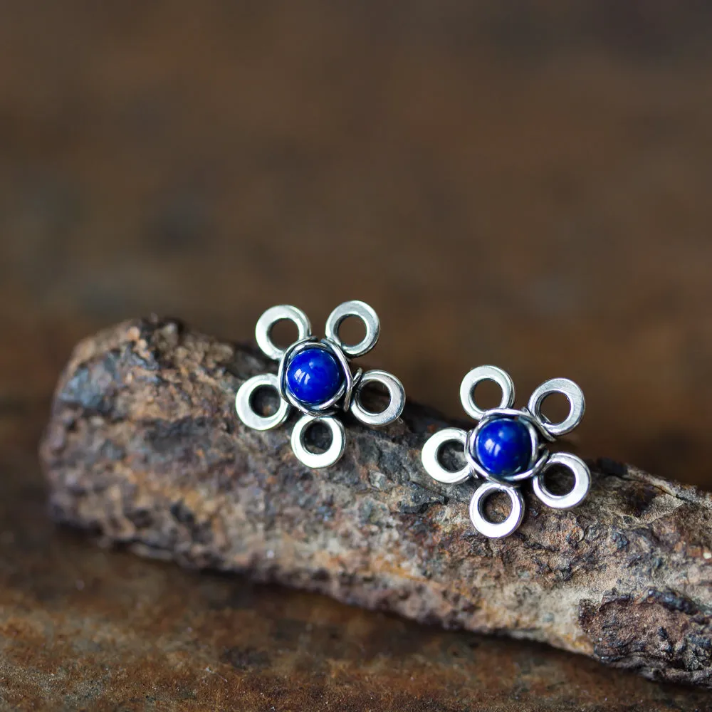 Dainty Lapis Lazuli Stud Earrings, Blue Flower