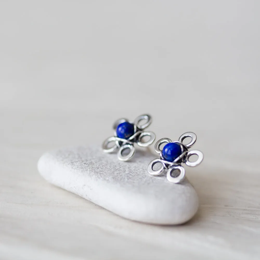 Dainty Lapis Lazuli Stud Earrings, Blue Flower