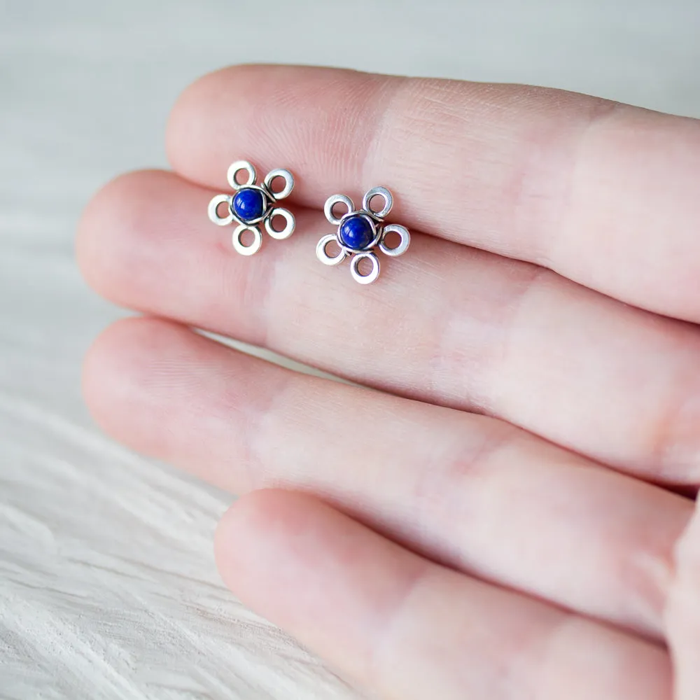 Dainty Lapis Lazuli Stud Earrings, Blue Flower