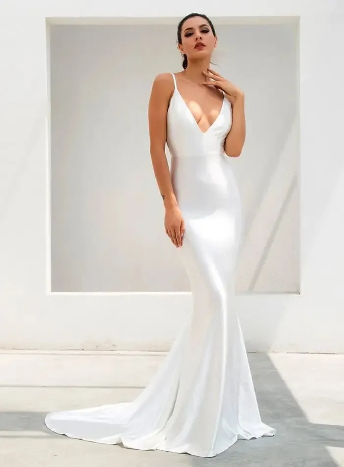 Deep V-Neck Open Back Slim Flash Material Long Dress