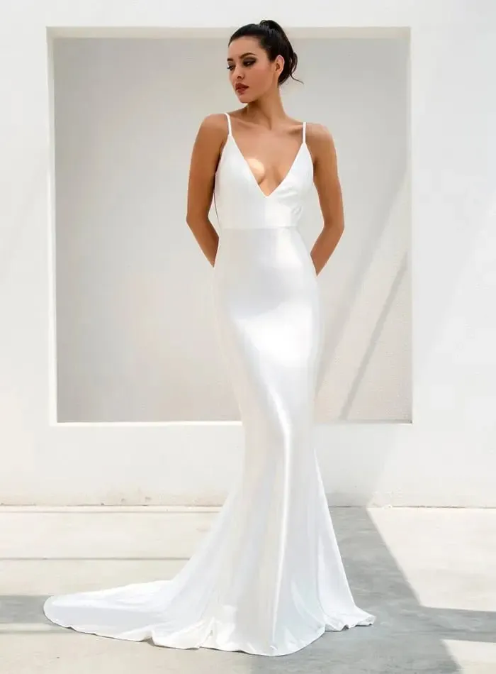 Deep V-Neck Open Back Slim Flash Material Long Dress