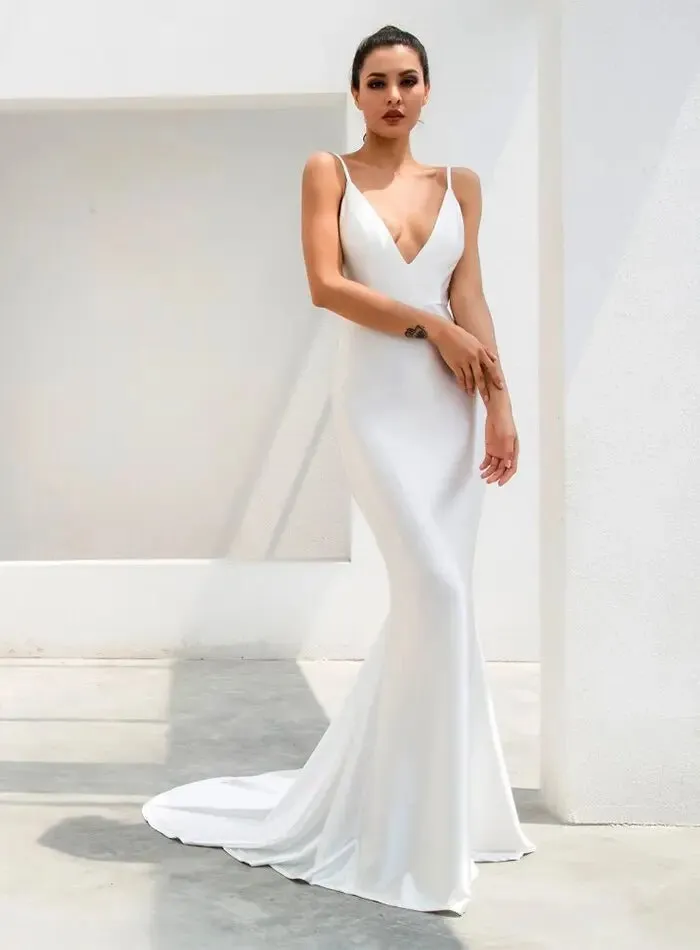 Deep V-Neck Open Back Slim Flash Material Long Dress