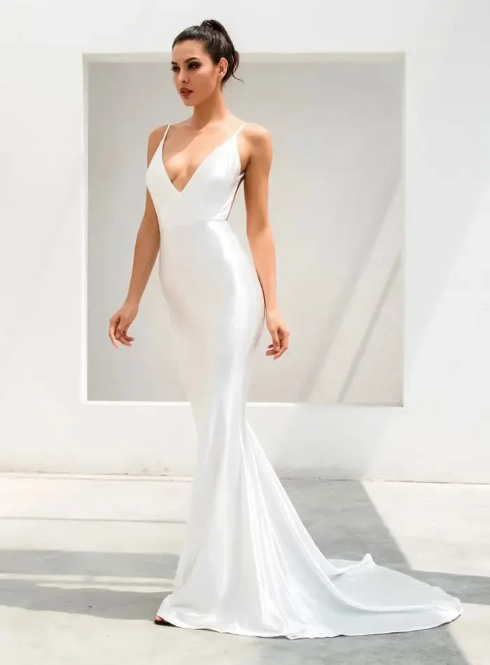 Deep V-Neck Open Back Slim Flash Material Long Dress