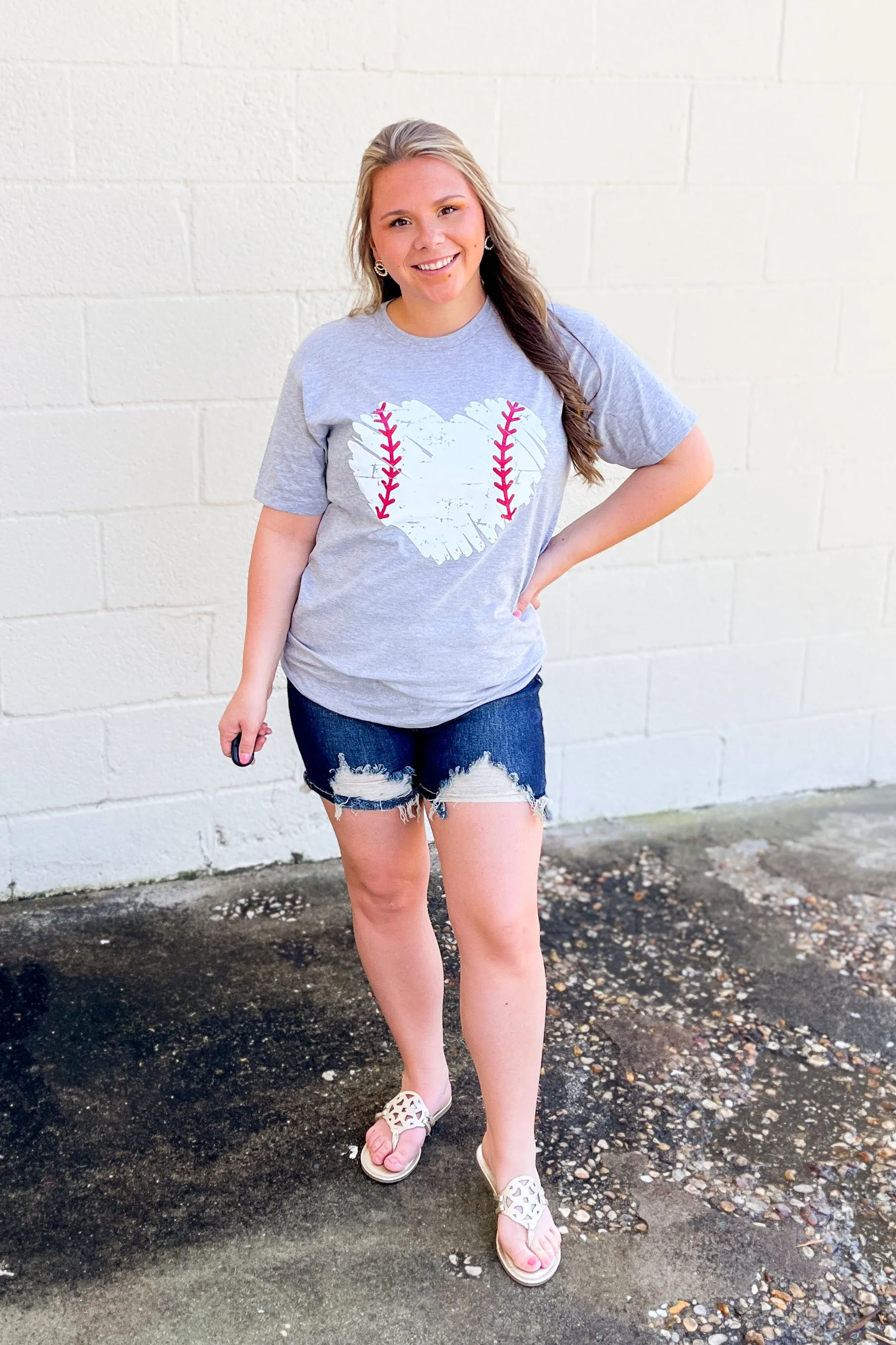 Distressed Baseball Heart Graphic Tee, Grey