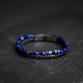 Double bracelet with black Italian leather and blue Tiger Eye stone