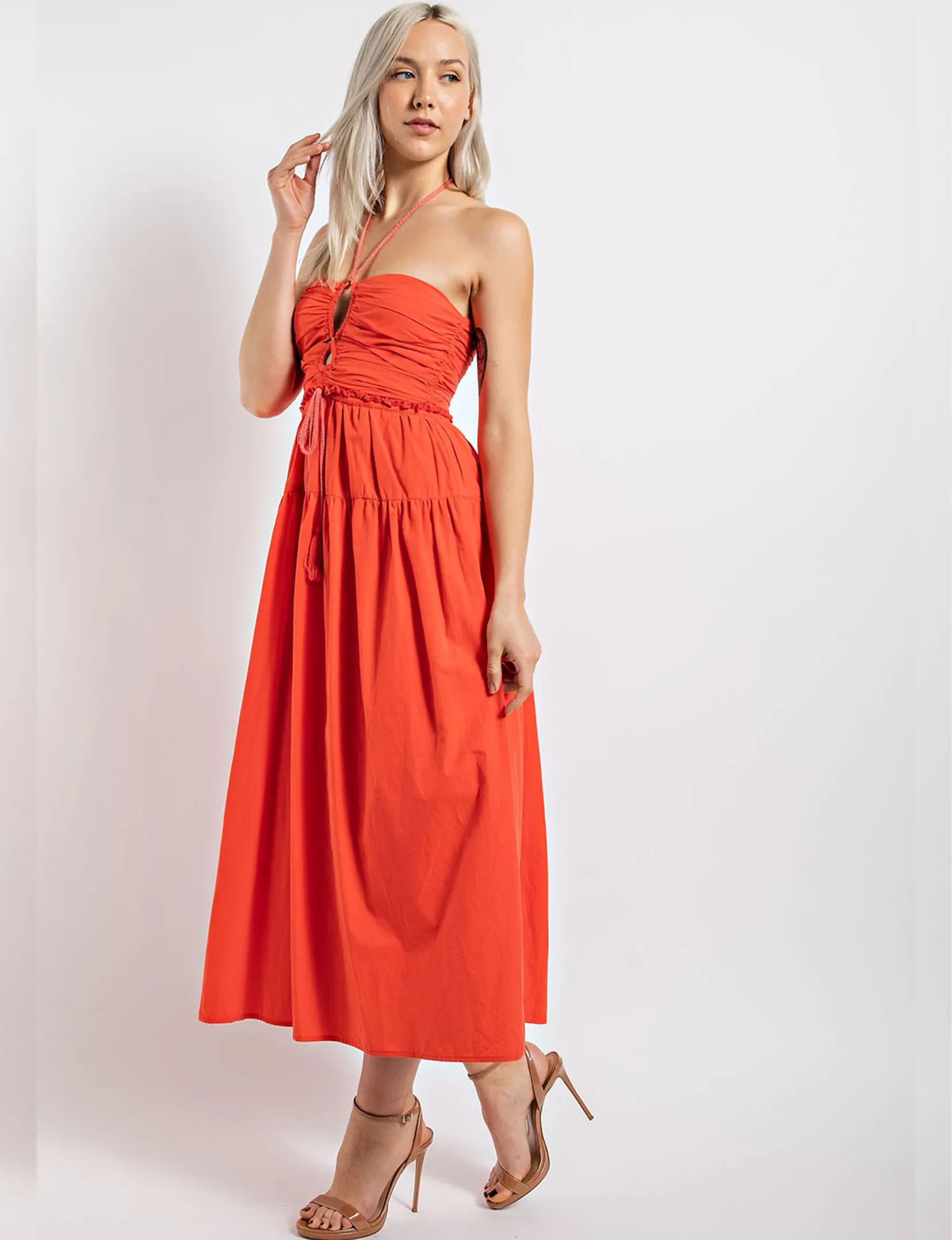 Double Keyhole Midi Dress, Coral