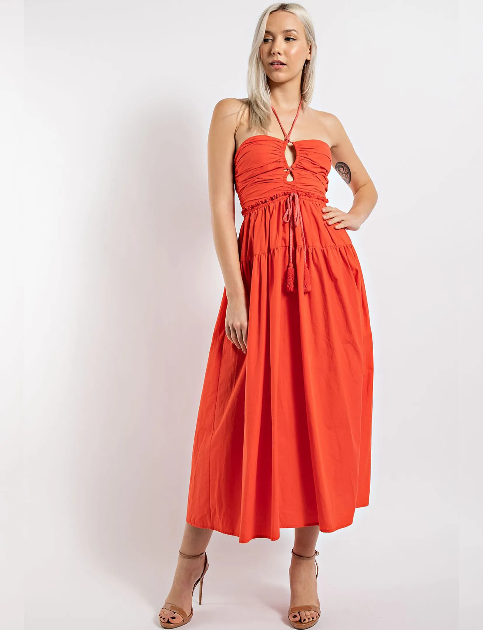 Double Keyhole Midi Dress, Coral