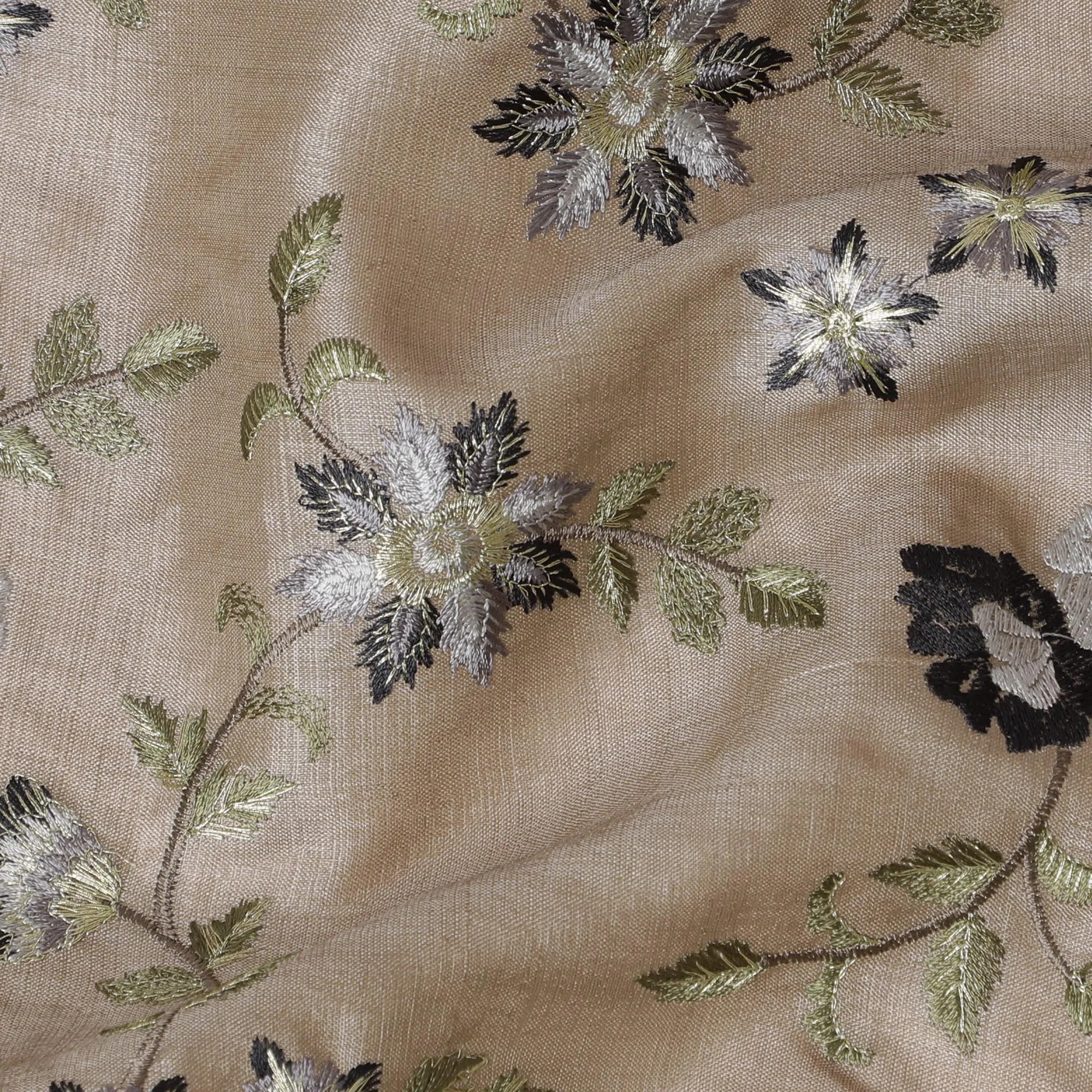 Elegant Taupe Tussar Silk Fabric with Black and Silver Floral Embroidery, 110 cm Wide “ Classic Indian Weave-D18976